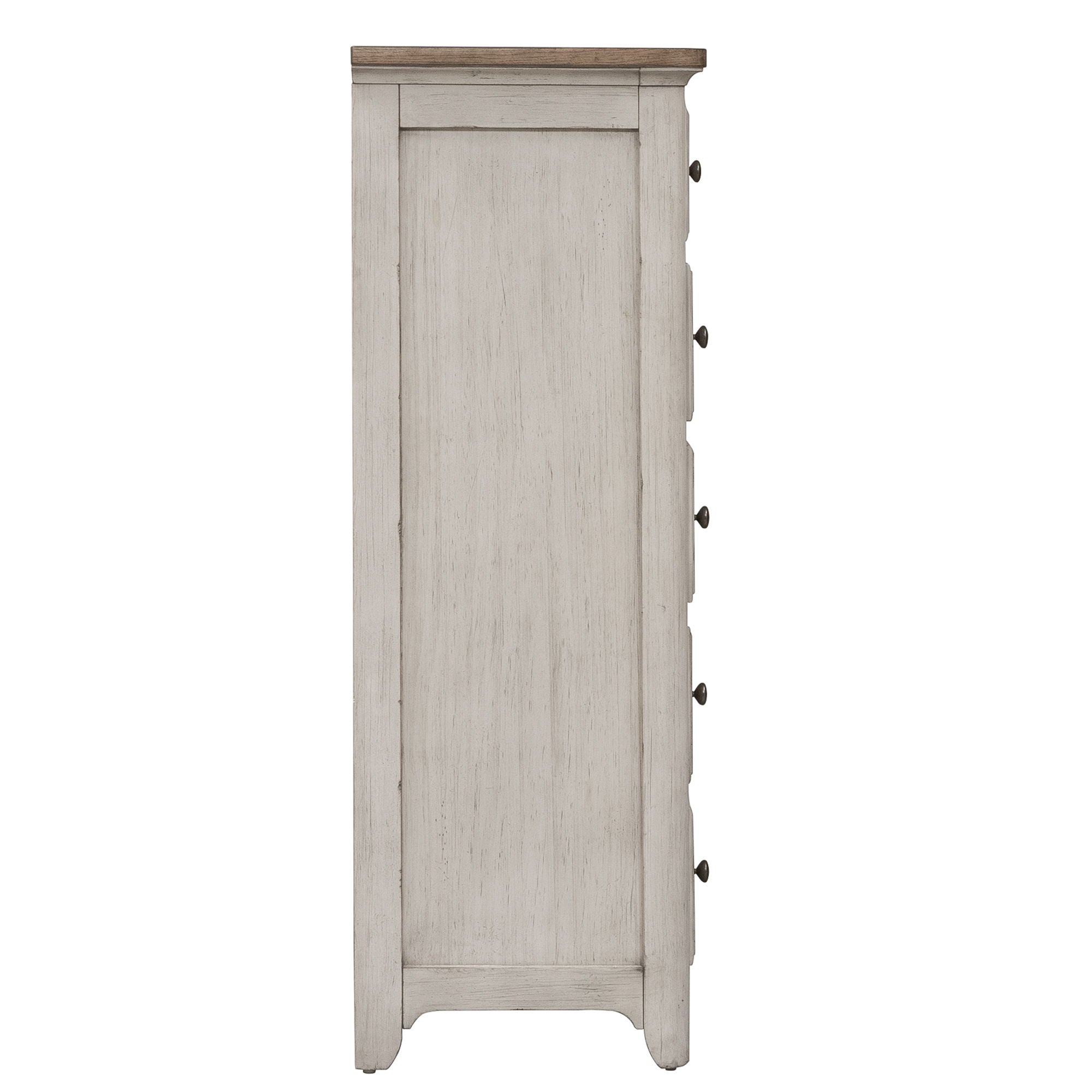 Commode 5 tiroirs – Blanc antique / Plateaux couleur châtaigne — ajoutez un style décontracté et vous obtenez un look classique avec une touche informelle