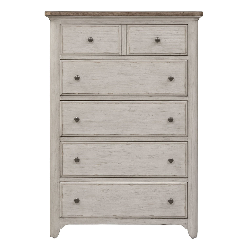Commode 5 tiroirs – Blanc antique / Plateaux couleur châtaigne — ajoutez un style décontracté et vous obtenez un look classique avec une touche informelle