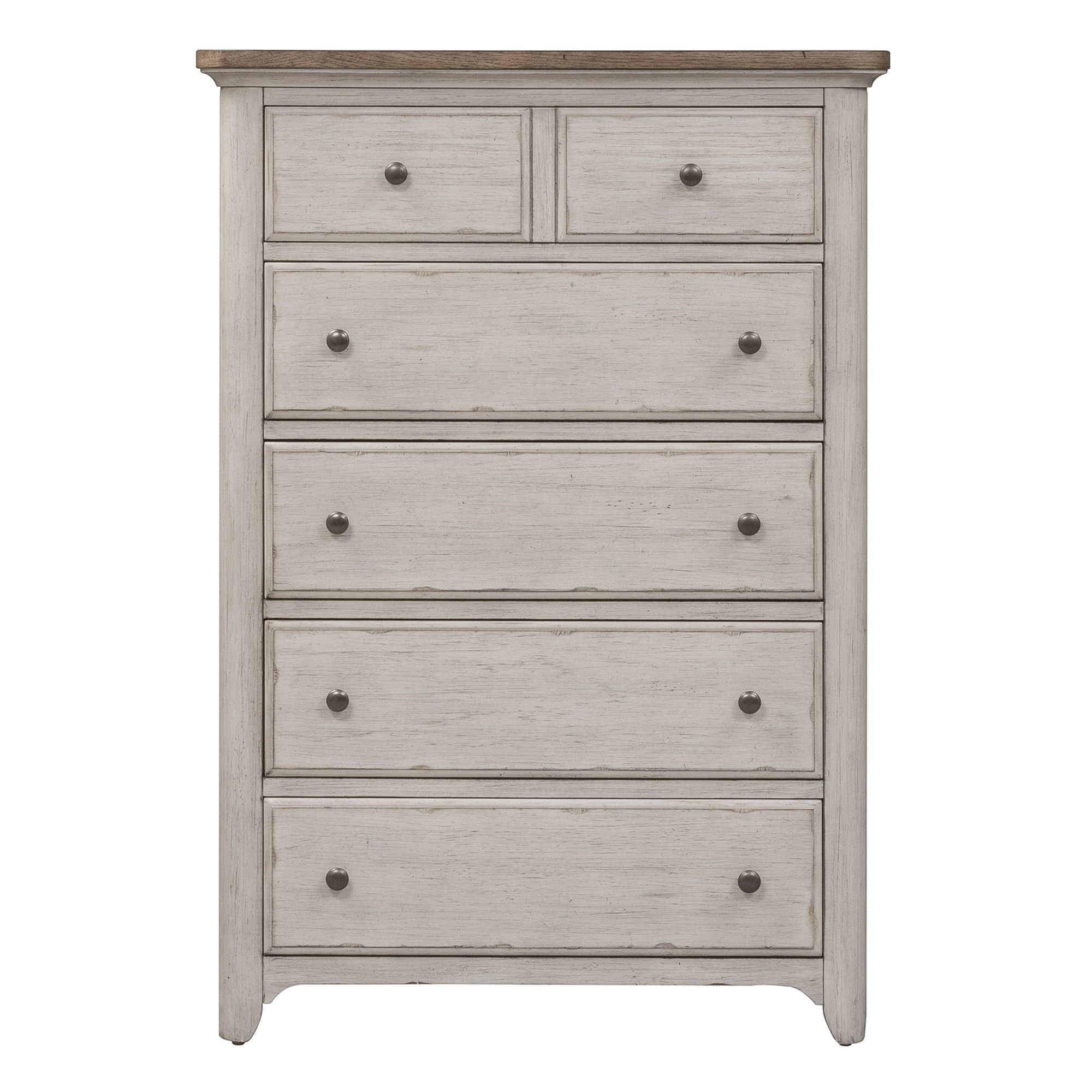 Commode 5 tiroirs – Blanc antique / Plateaux couleur châtaigne — ajoutez un style décontracté et vous obtenez un look classique avec une touche informelle