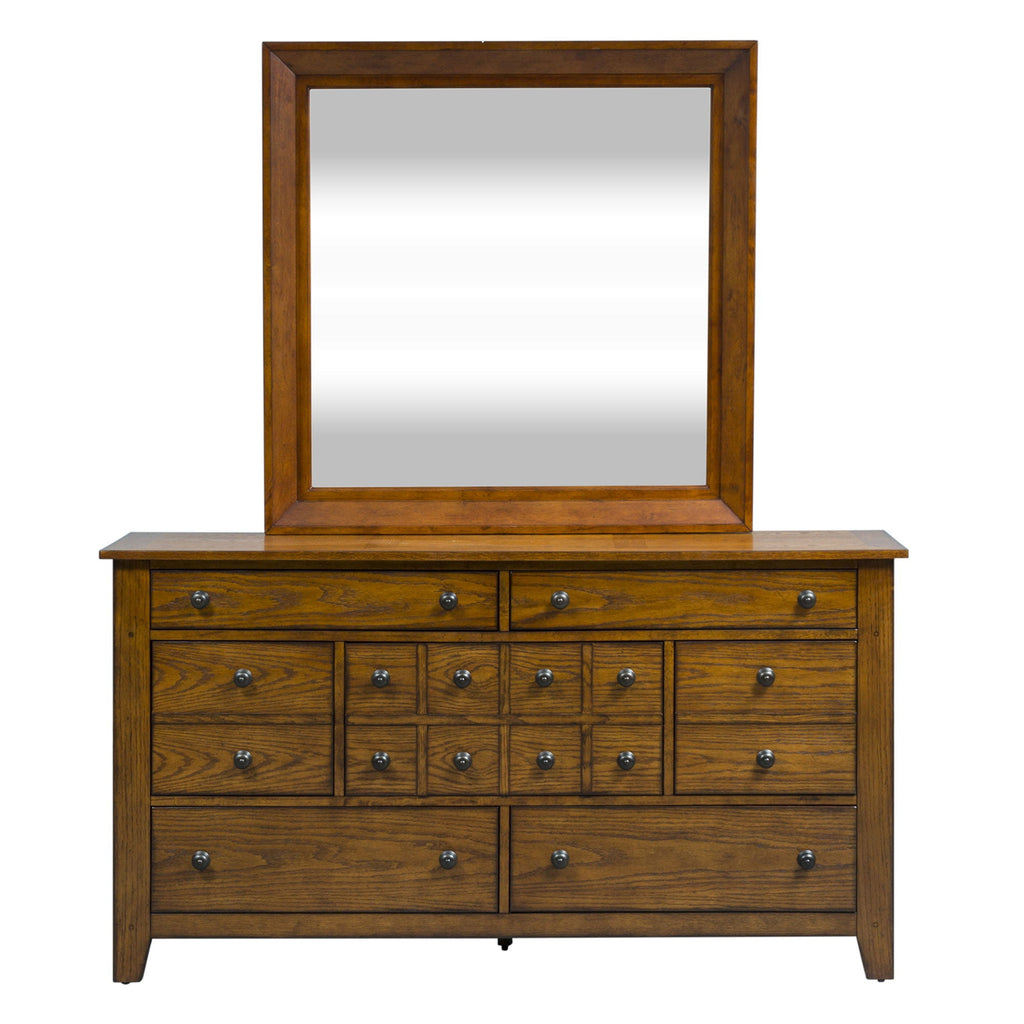 Commode et miroir - Marron clair — Design de chambre rustique américain avec des accents de bois et de chevilles qui donnent une touche artisanale