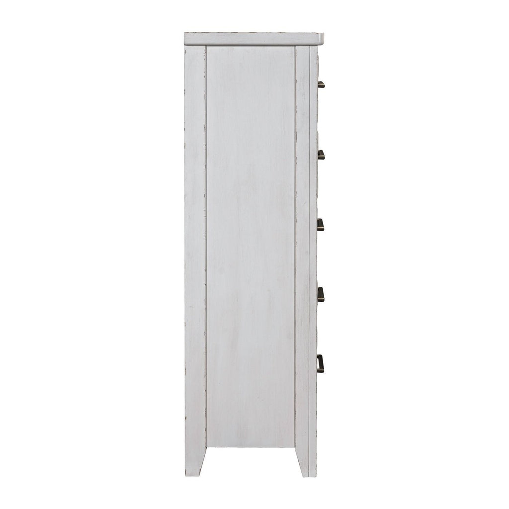 Commode à 5 tiroirs – Blanc patiné — exprime une essence simple avec un style confortable