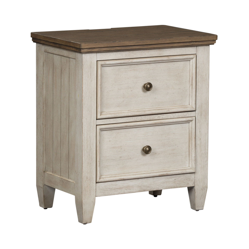 Table de chevet à 2 tiroirs avec station de charge - Blanc antique / Dessus couleur tabac — Des looks qui s'intègrent facilement aux maisons d'aujourd'hui