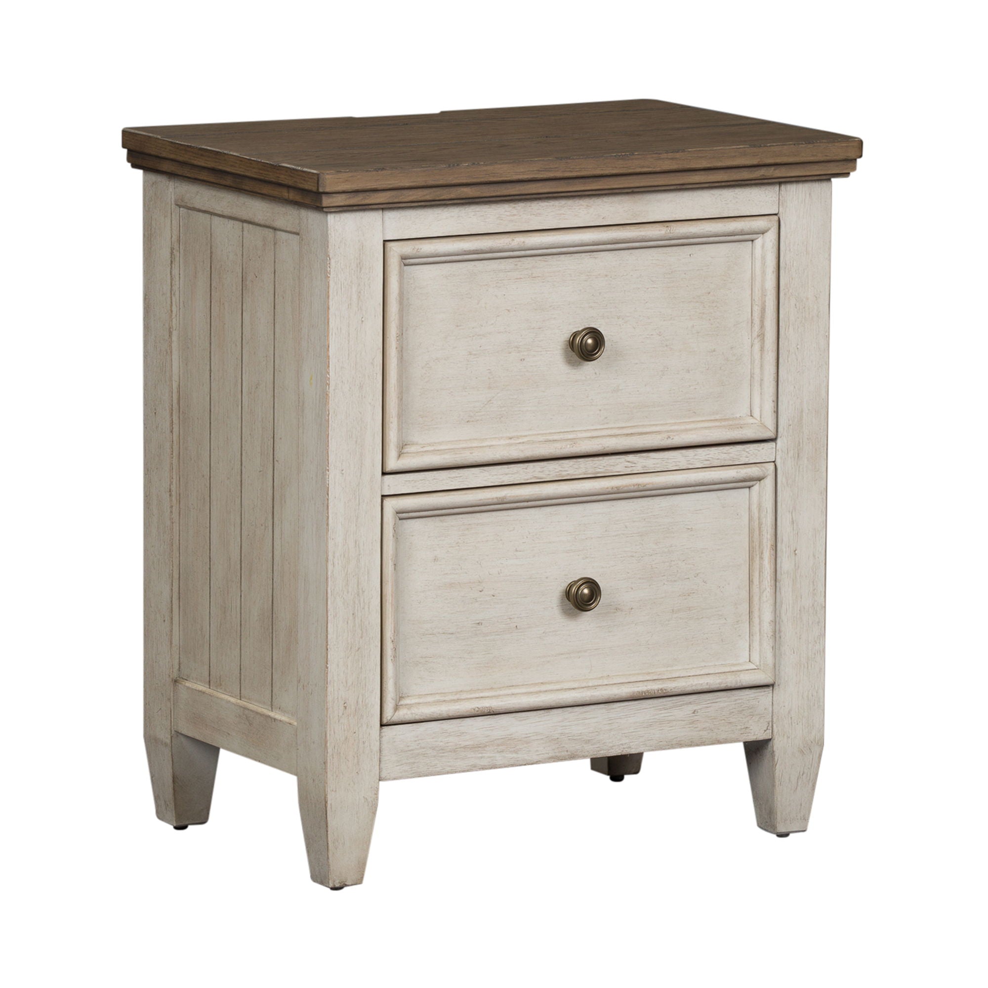 Table de chevet à 2 tiroirs avec station de charge - Blanc antique / Dessus couleur tabac — Des looks qui s'intègrent facilement aux maisons d'aujourd'hui