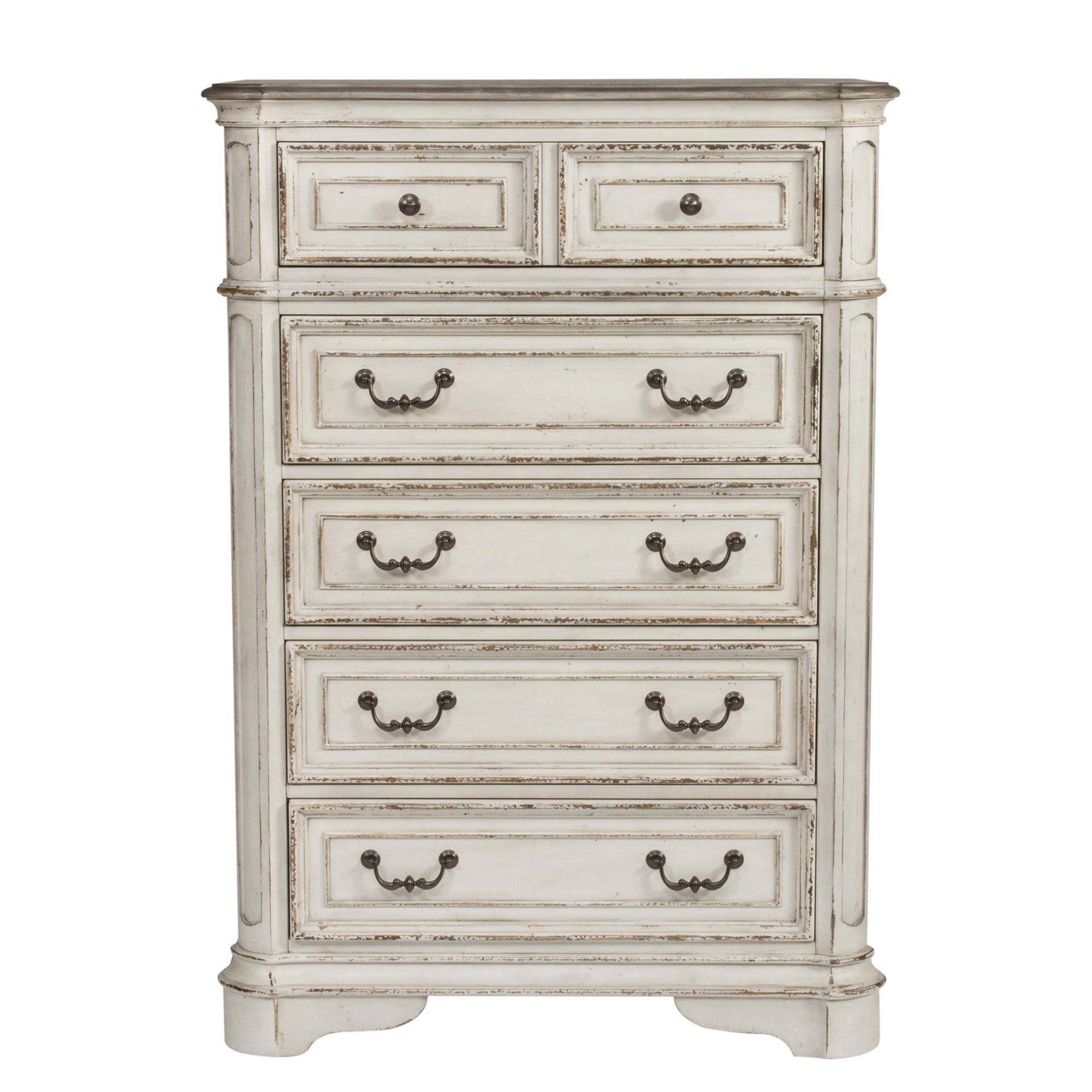 Commode 5 tiroirs — Des finitions antiques chaleureuses et un vieillissement artistique, associés à des dimensions généreuses, un ensemble à transmettre de génération en génération