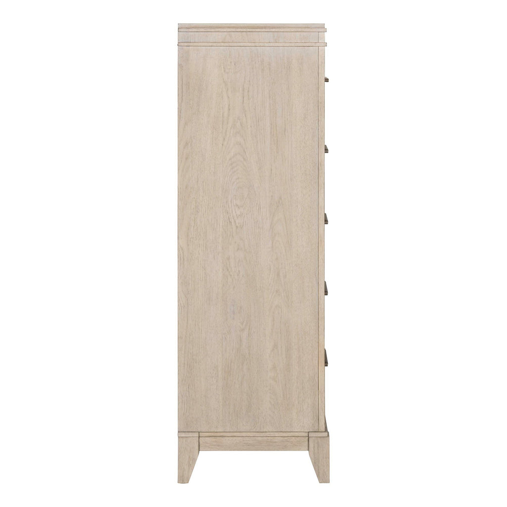 Commode 5 tiroirs - Blanc Sanctuary — offre un style de transition alliant des éléments traditionnels et contemporains