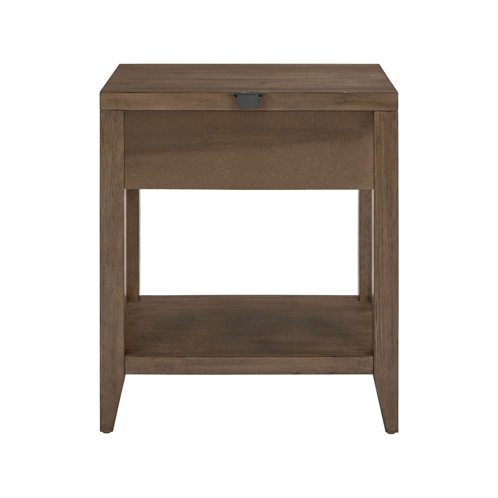 Table de chevet ouverte avec station de charge – Brun moisson — Elle intègre des éléments de design provenant de plusieurs siècles