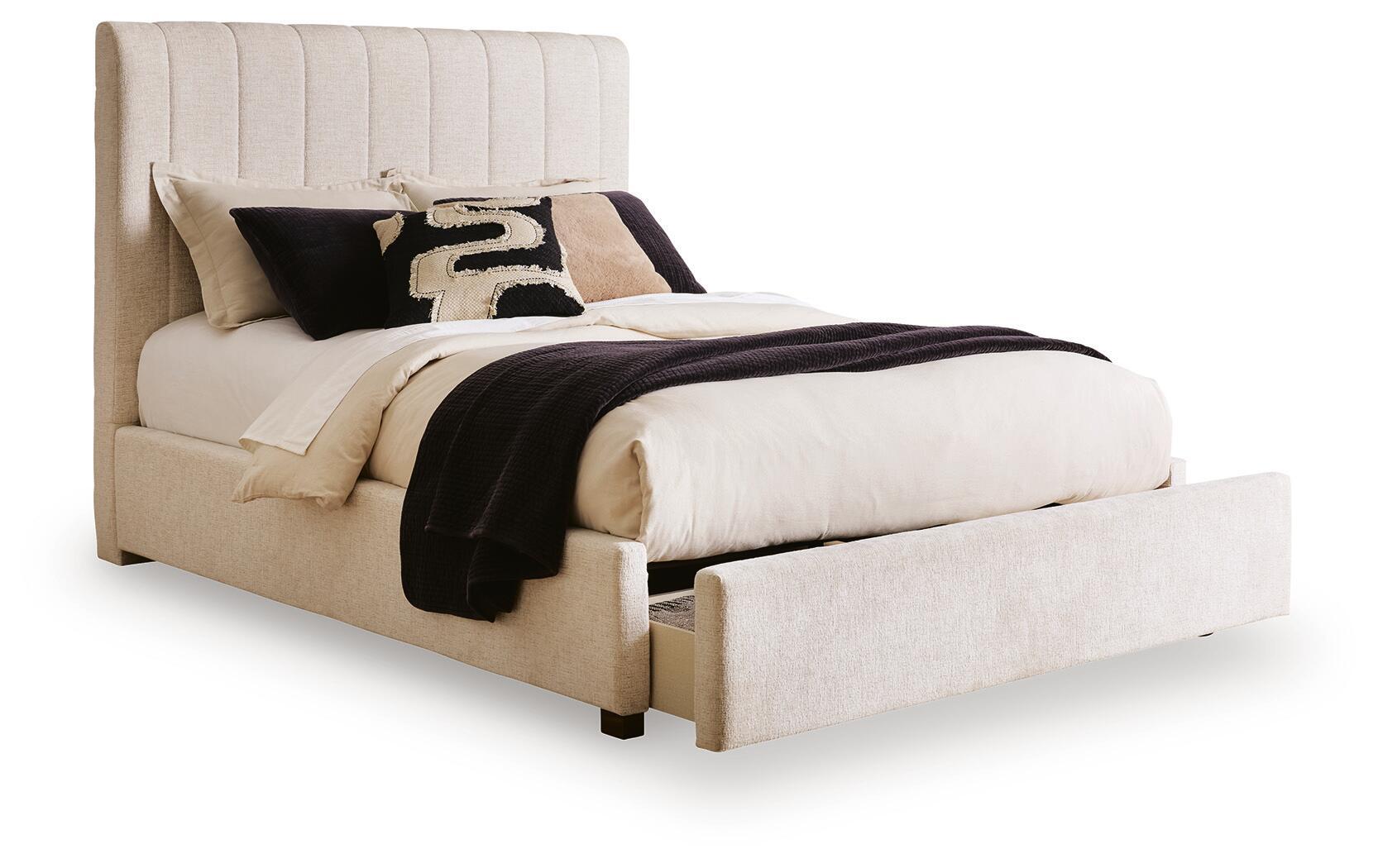 Lit rembourré Queen avec rangement - Beige — Un rangement intégré dans le pied de lit permet de ranger vos affaires avec élégance