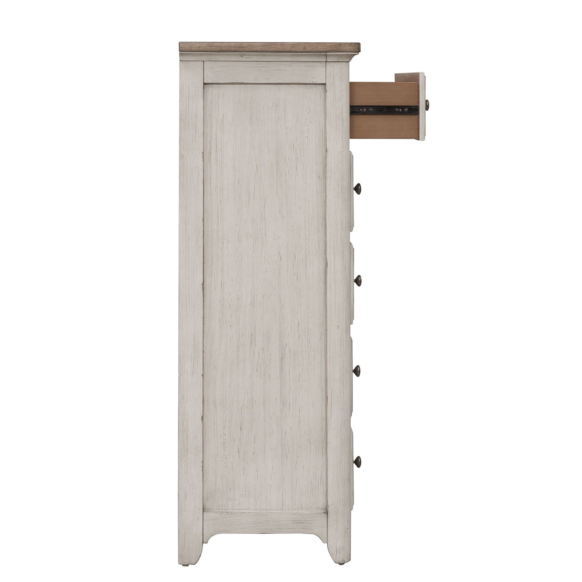 Commode 5 tiroirs – Blanc antique / Plateaux couleur châtaigne — ajoutez un style décontracté et vous obtenez un look classique avec une touche informelle