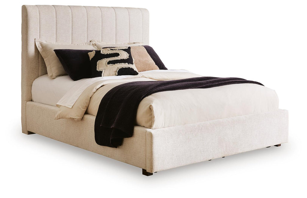 Lit rembourré Queen avec rangement - Beige — Un rangement intégré dans le pied de lit permet de ranger vos affaires avec élégance
