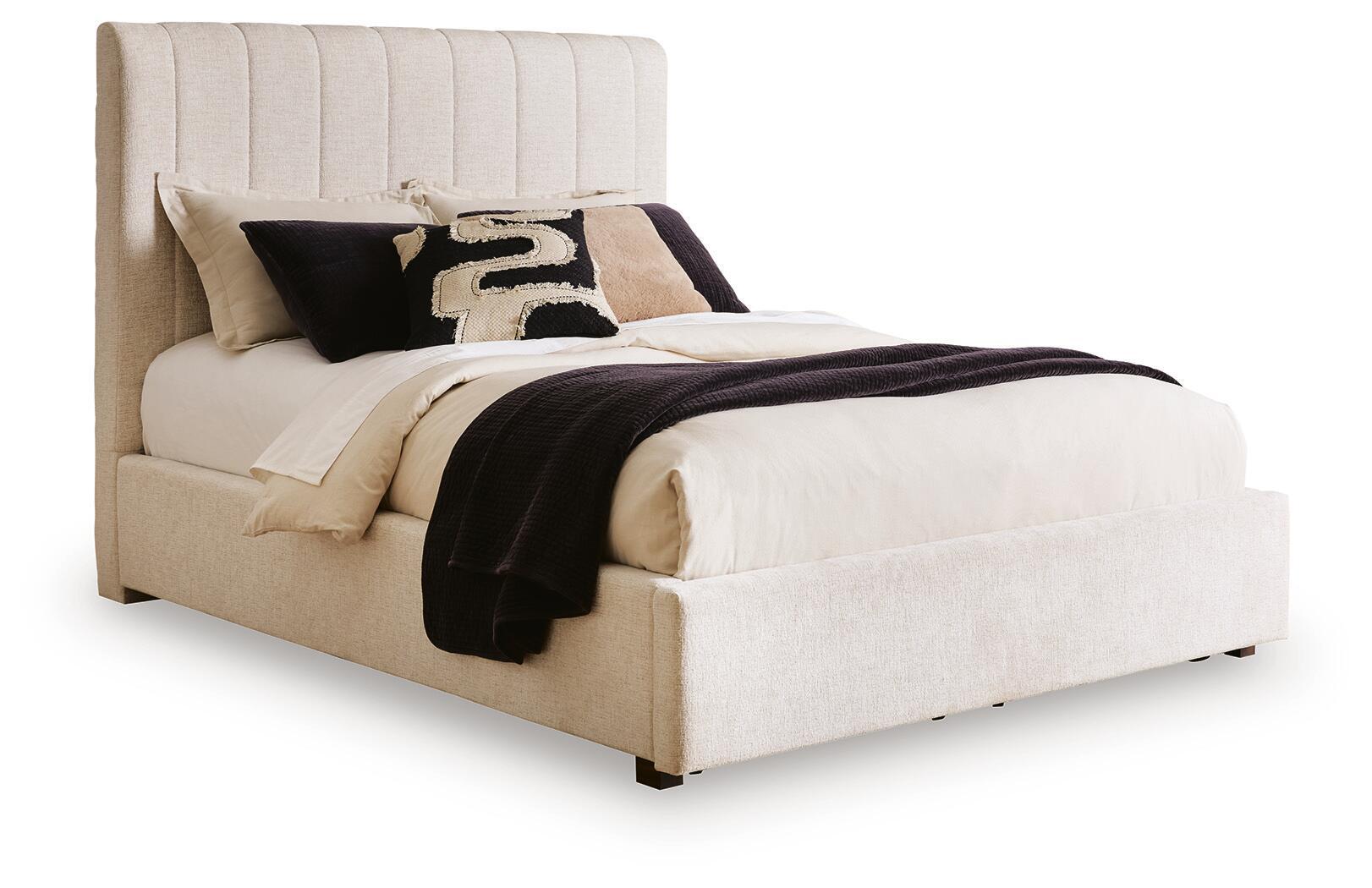 Lit rembourré Queen avec rangement - Beige — Un rangement intégré dans le pied de lit permet de ranger vos affaires avec élégance