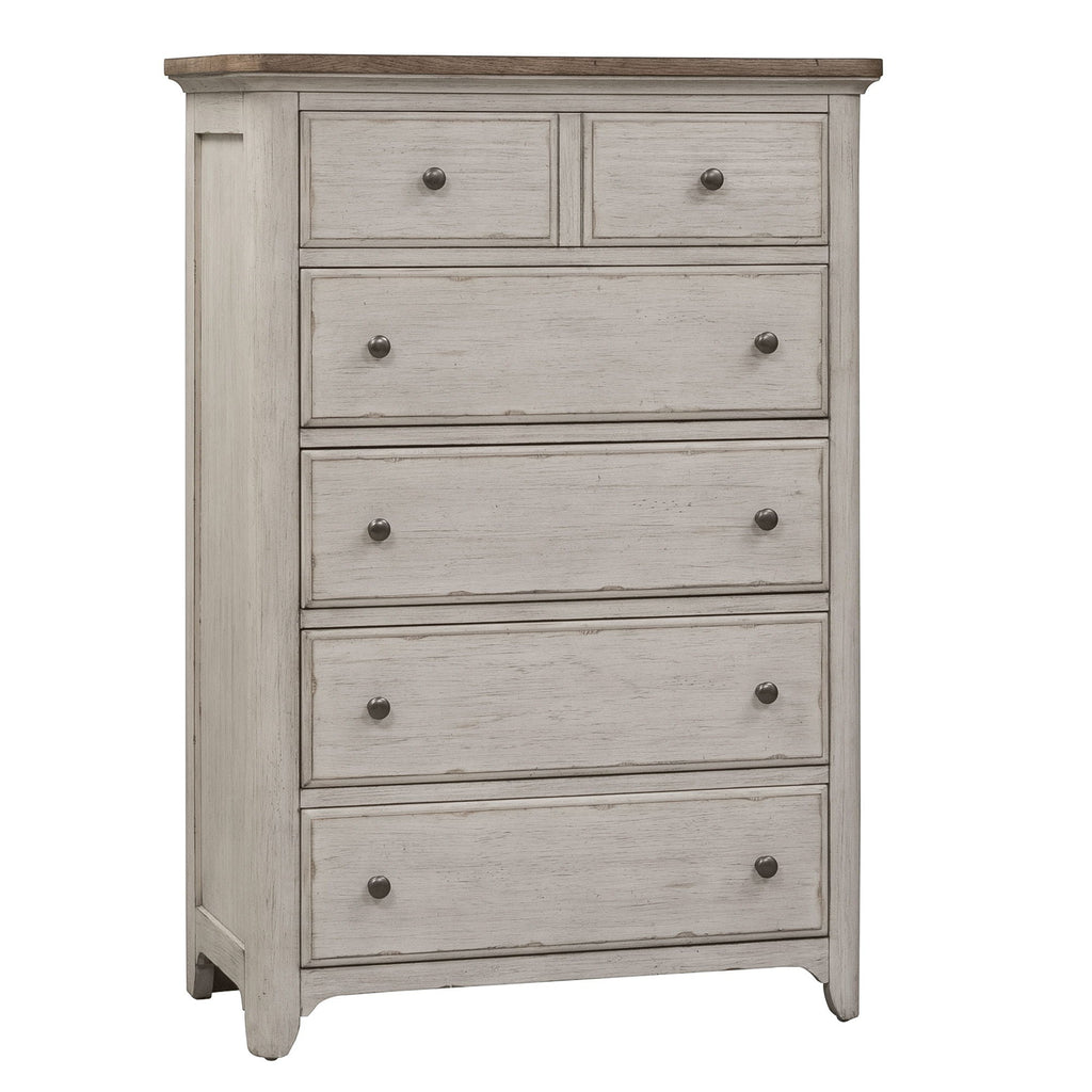 Commode 5 tiroirs – Blanc antique / Plateaux couleur châtaigne — ajoutez un style décontracté et vous obtenez un look classique avec une touche informelle