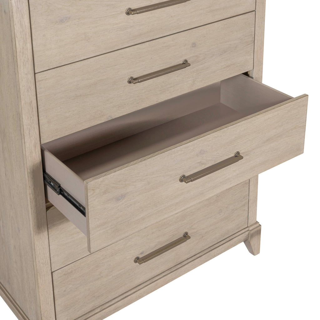Commode 5 tiroirs - Blanc Sanctuary — offre un style de transition alliant des éléments traditionnels et contemporains