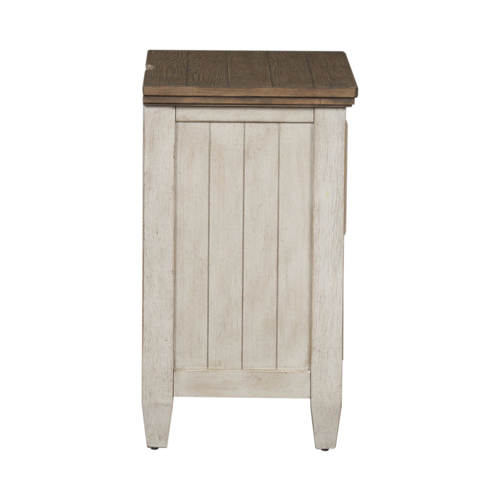 Table de chevet à 2 tiroirs avec station de charge - Blanc antique / Dessus couleur tabac — Des looks qui s'intègrent facilement aux maisons d'aujourd'hui