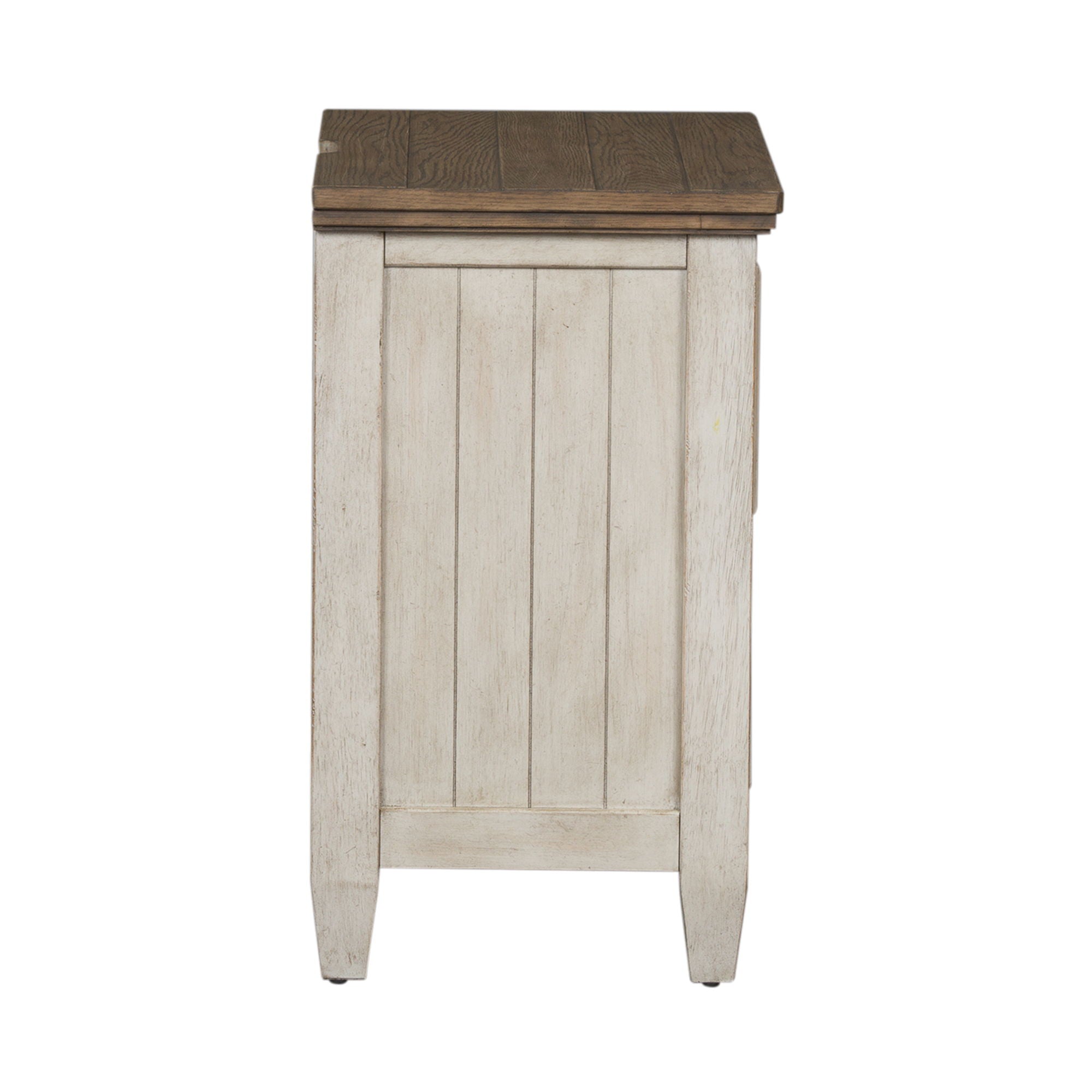 Table de chevet à 2 tiroirs avec station de charge - Blanc antique / Dessus couleur tabac — Des looks qui s'intègrent facilement aux maisons d'aujourd'hui