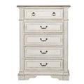 Commode 5 tiroirs – Blanc antique — Les poignées coquilles et anneaux en étain vieilli ajoutent la touche finale à la commode