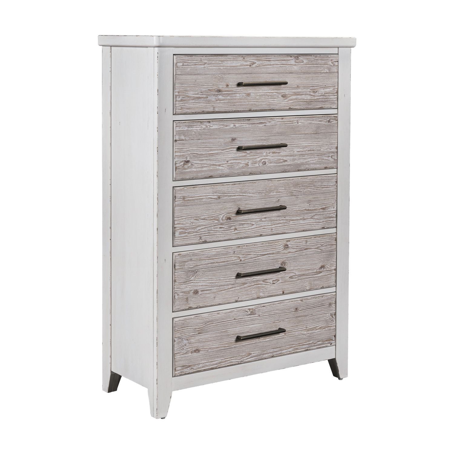 Commode à 5 tiroirs – Blanc patiné — exprime une essence simple avec un style confortable