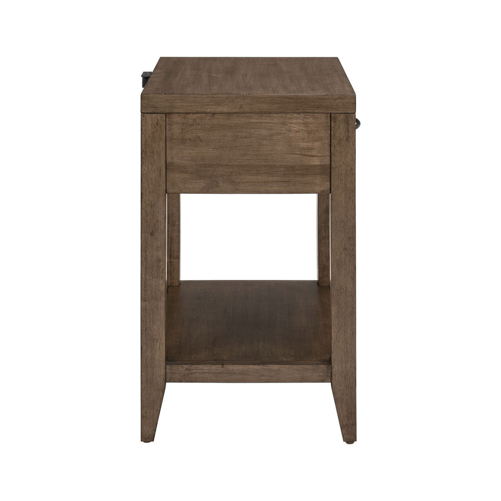 Table de chevet ouverte avec station de charge – Brun moisson — Elle intègre des éléments de design provenant de plusieurs siècles