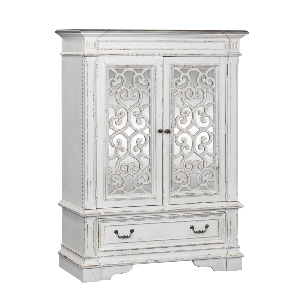Commode à portes-miroirs – Blanc antique — La quincaillerie en anneau et poignée tombante en étain antique apporte la touche finale aux meubles.