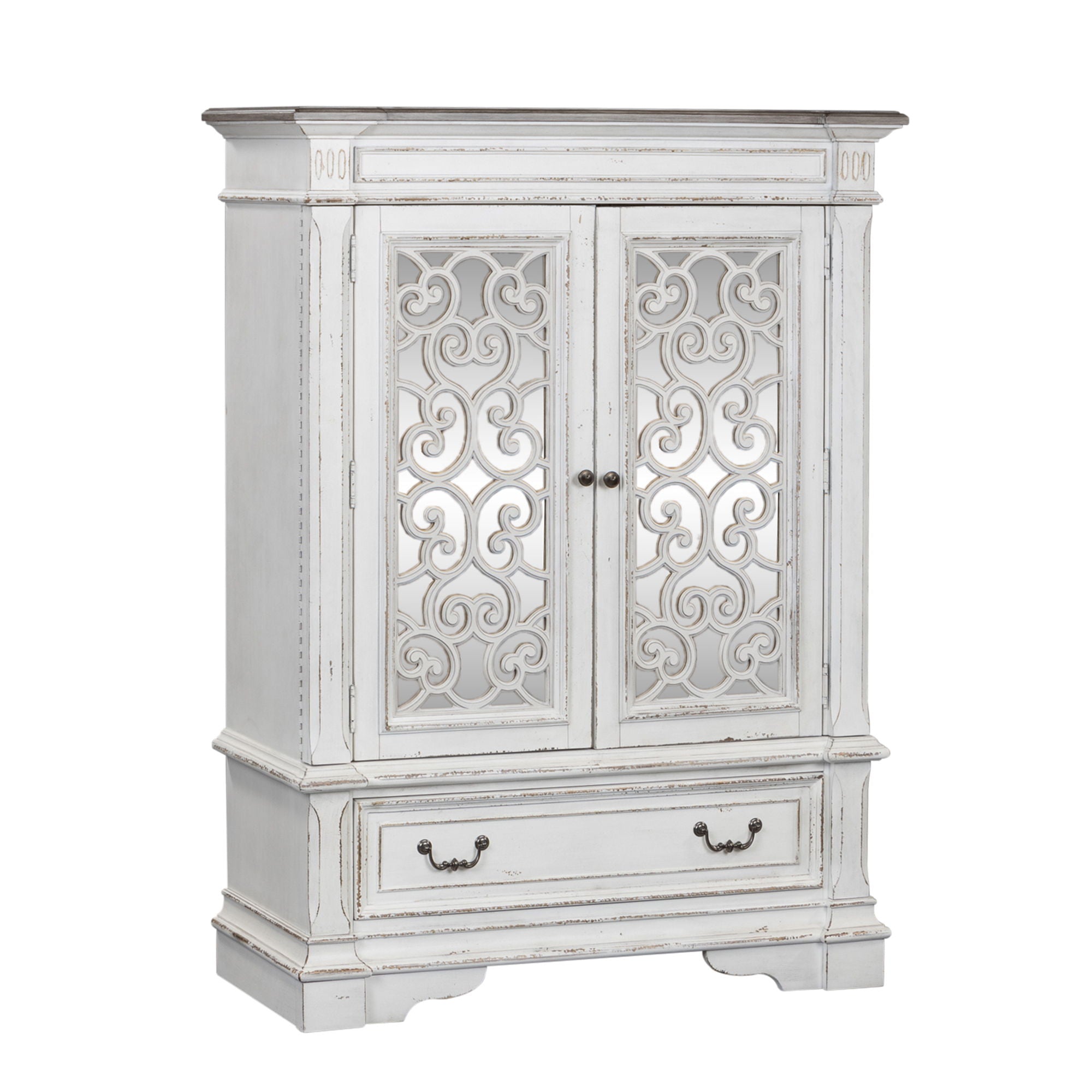 Commode à portes-miroirs – Blanc antique — La quincaillerie en anneau et poignée tombante en étain antique apporte la touche finale aux meubles.