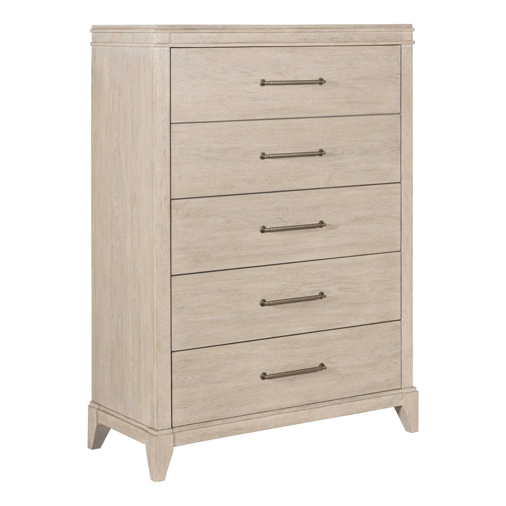 Commode 5 tiroirs - Blanc Sanctuary — offre un style de transition alliant des éléments traditionnels et contemporains