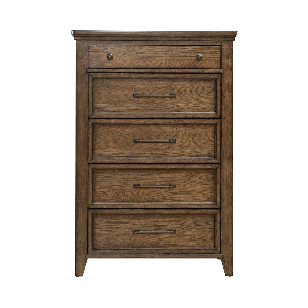 Commode 5 tiroirs - Brun ambré — finition ambrée chaude soulignée par de lourdes moulures en relief pour la dimension et la texture