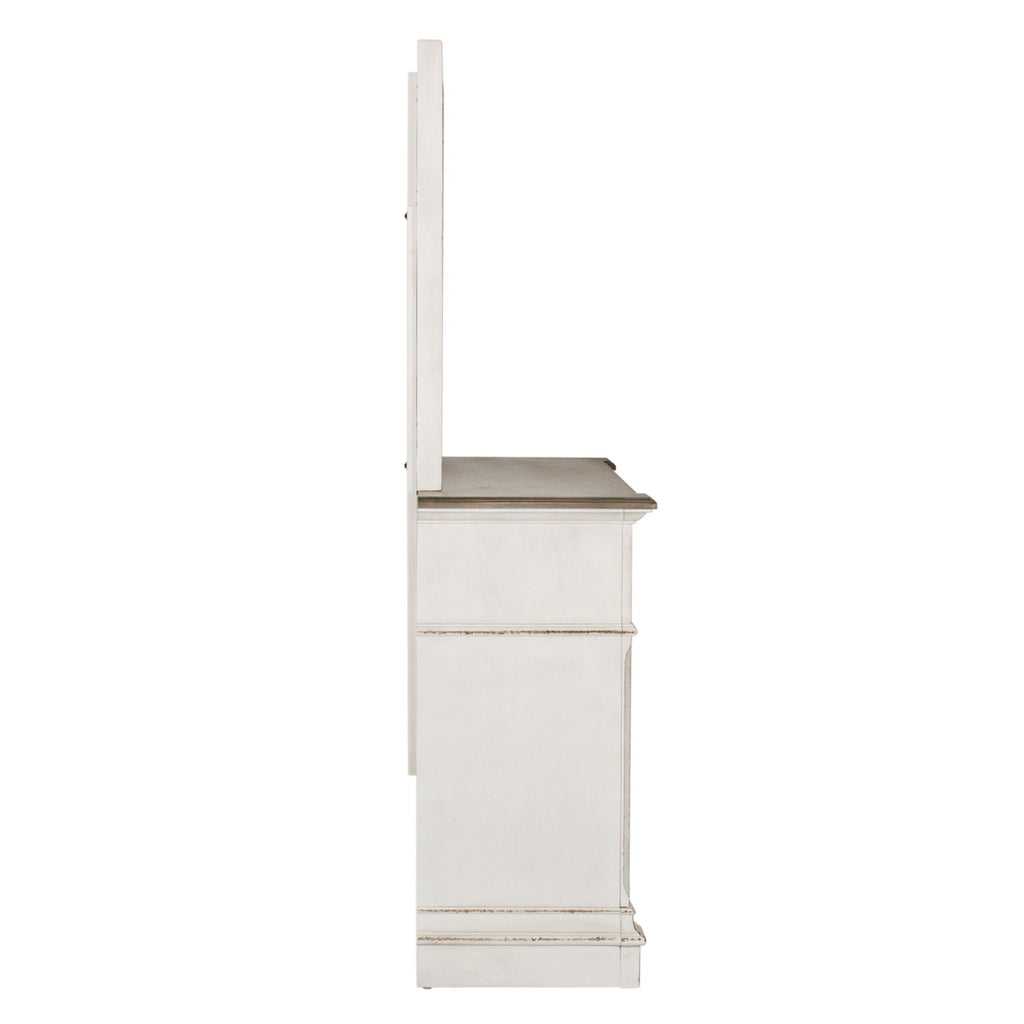 Commode et miroir - Blanc antique — Des poignées et des anneaux de style ancien en étain antique ajoutent la touche finale aux meubles.