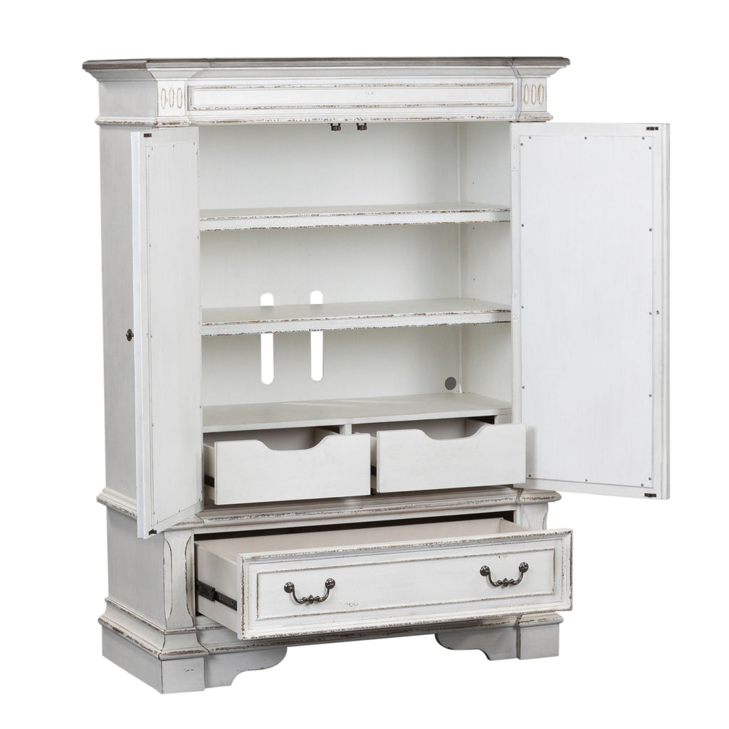 Commode à portes-miroirs – Blanc antique — La quincaillerie en anneau et poignée tombante en étain antique apporte la touche finale aux meubles.