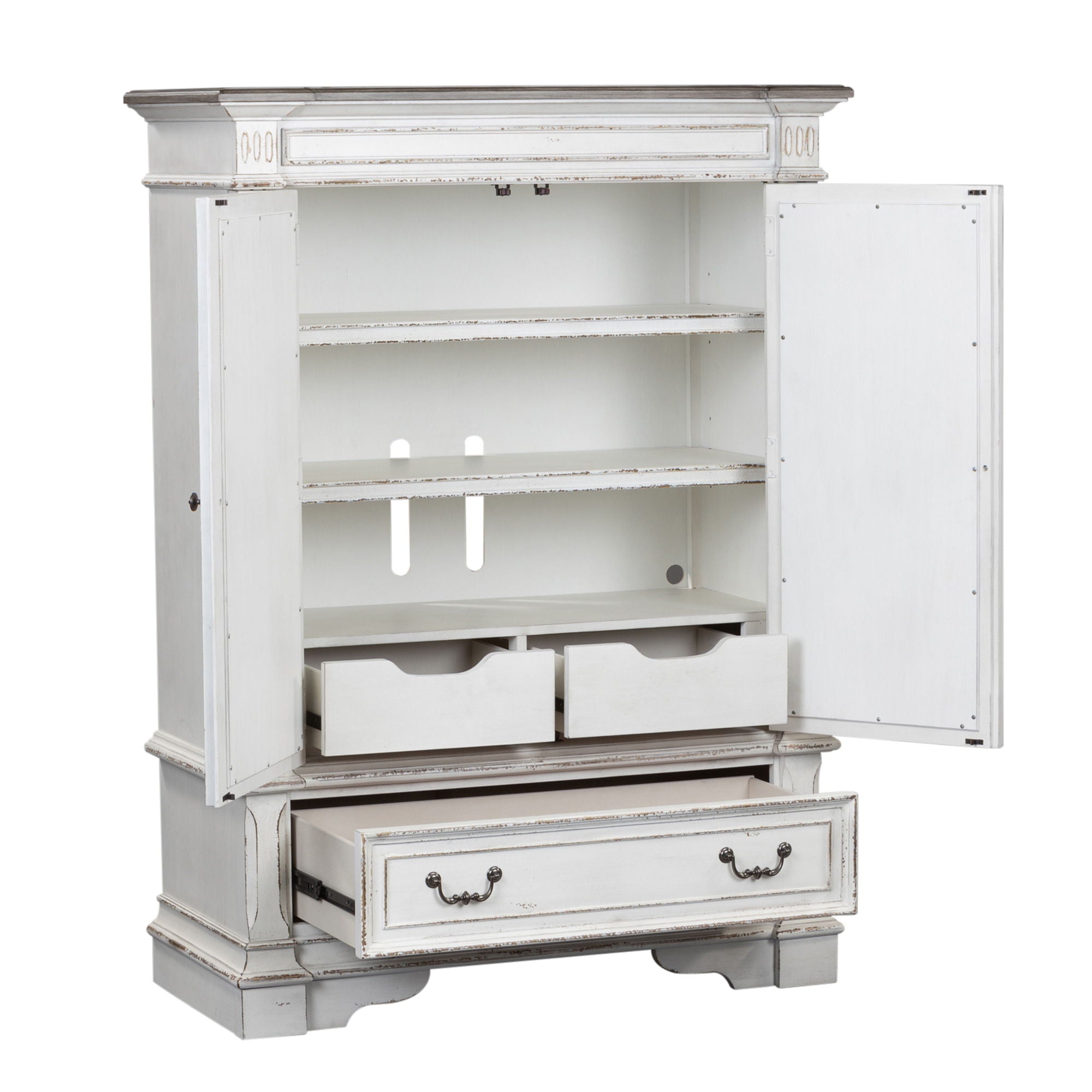 Commode à portes-miroirs – Blanc antique — La quincaillerie en anneau et poignée tombante en étain antique apporte la touche finale aux meubles.