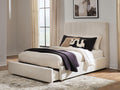 Lit rembourré Queen avec rangement - Beige — Un rangement intégré dans le pied de lit permet de ranger vos affaires avec élégance
